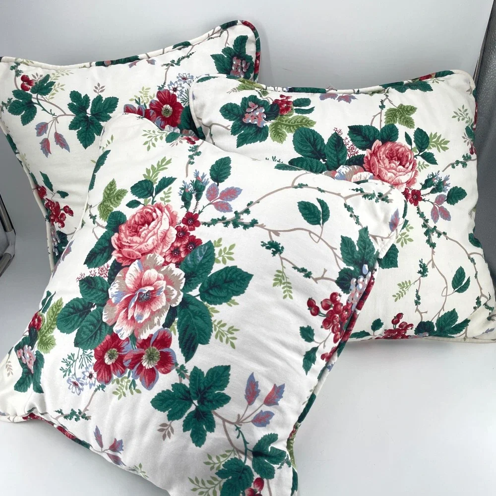 Waverly Roseberry Garden Floral Throw Pillows Set of 3 Red Green Cream 16x16
